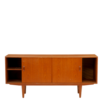 1960s Clausen & Søn : teakwood 63" credenza with bowtie drawer pulls