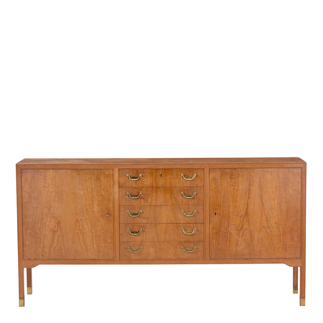 1960s Danish: teakwood 70" credenza w/central drawers & brass detail