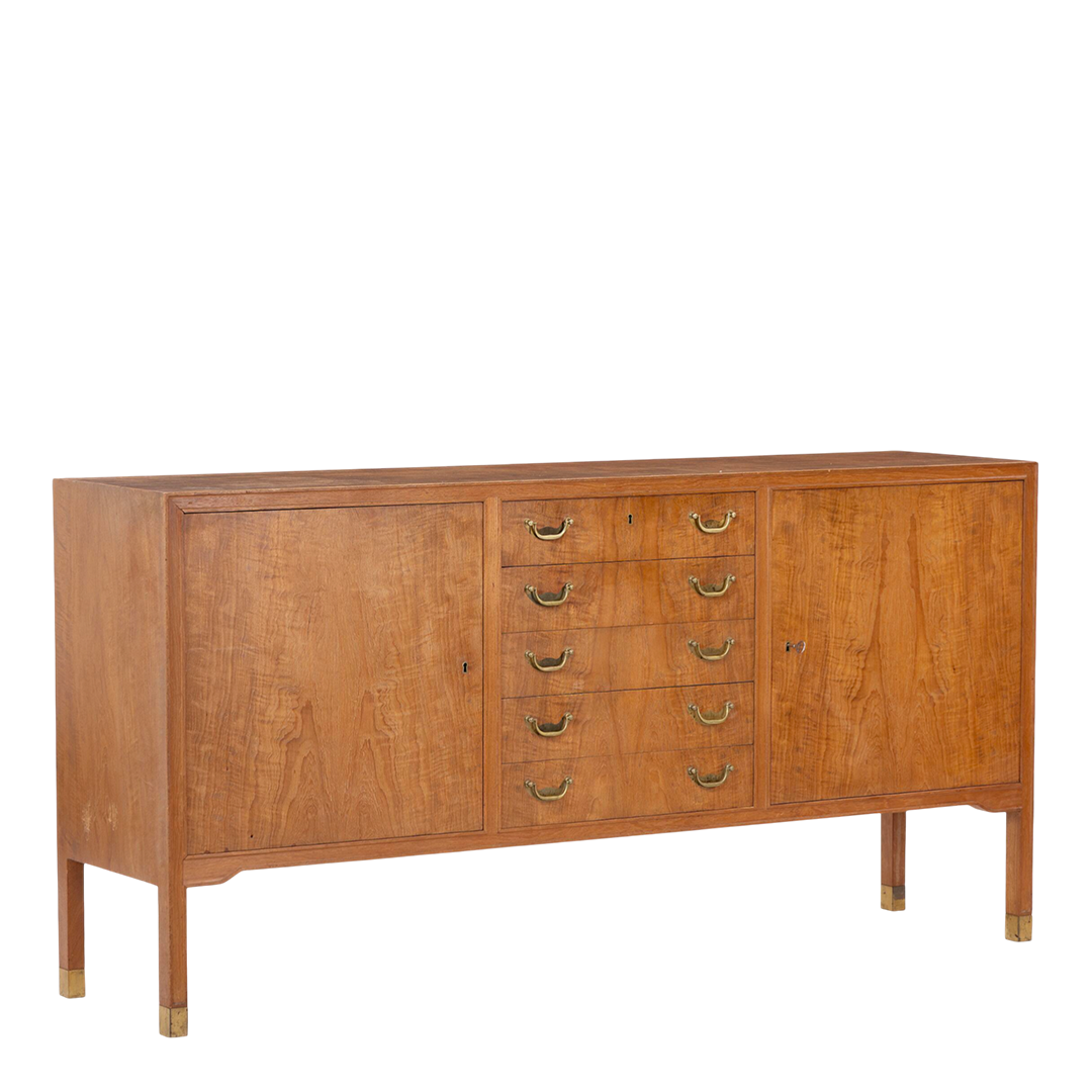1960s Danish: teakwood 70" credenza w/central drawers & brass detail