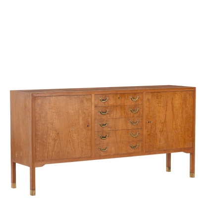 1960s Danish: teakwood 70" credenza w/central drawers & brass detail