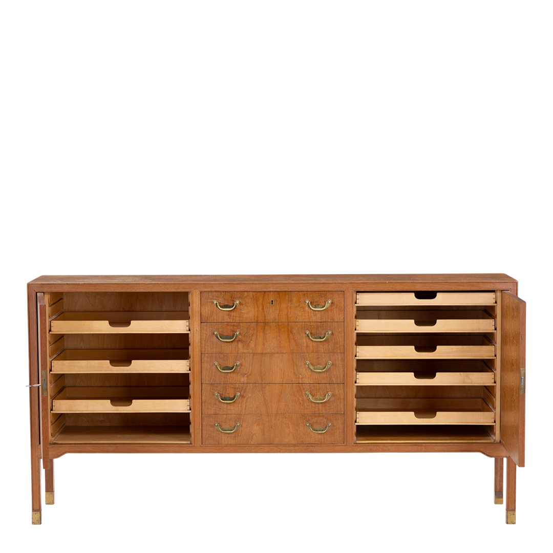 1960s Danish: teakwood 70" credenza w/central drawers & brass detail
