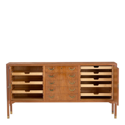 1960s Danish: teakwood 70" credenza w/central drawers & brass detail