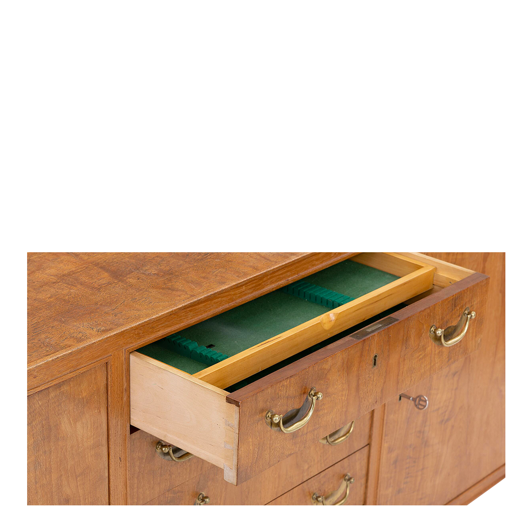 1960s Danish: teakwood 70" credenza w/central drawers & brass detail