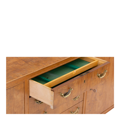 1960s Danish: teakwood 70" credenza w/central drawers & brass detail