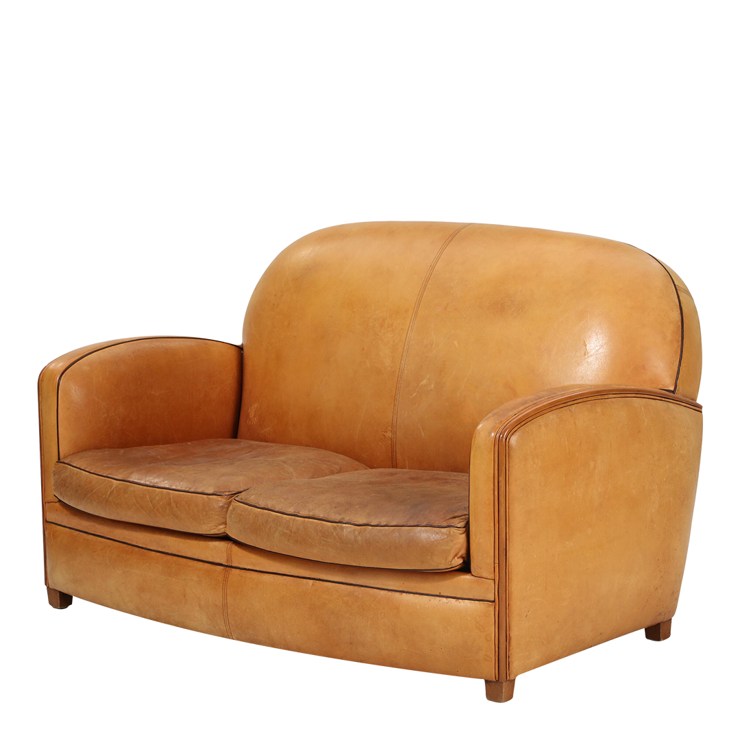 1980s French style : 2-seat cognac leather tall-back settee