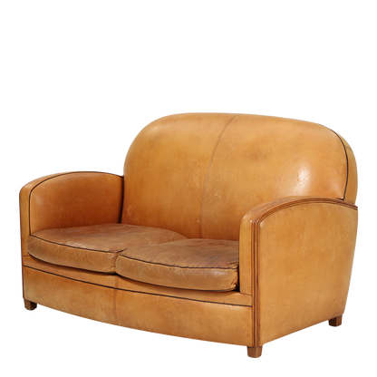 1980s French style : 2-seat cognac leather tall-back settee