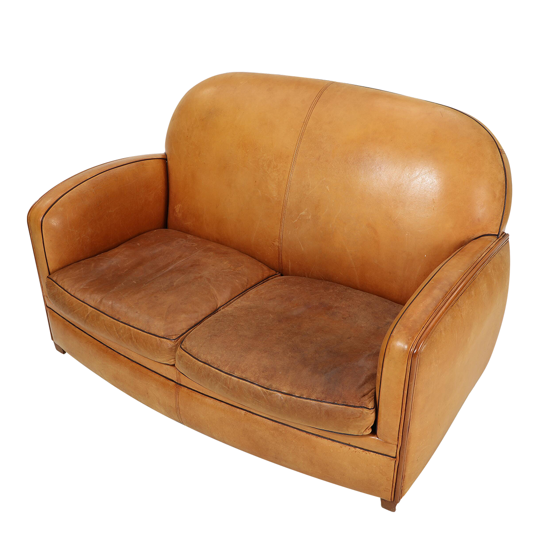 1980s French style : 2-seat cognac leather tall-back settee