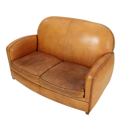 1980s French style : 2-seat cognac leather tall-back settee