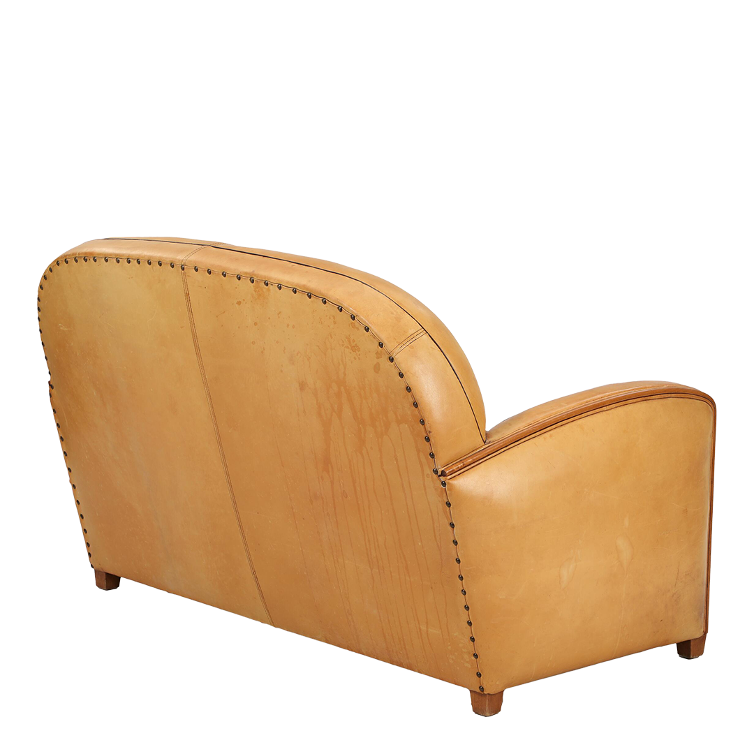 1980s French style : 2-seat cognac leather tall-back settee