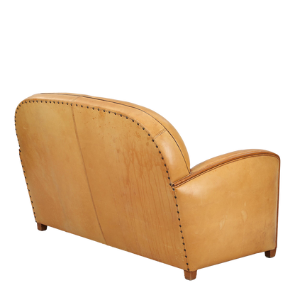 1980s French style : 2-seat cognac leather tall-back settee