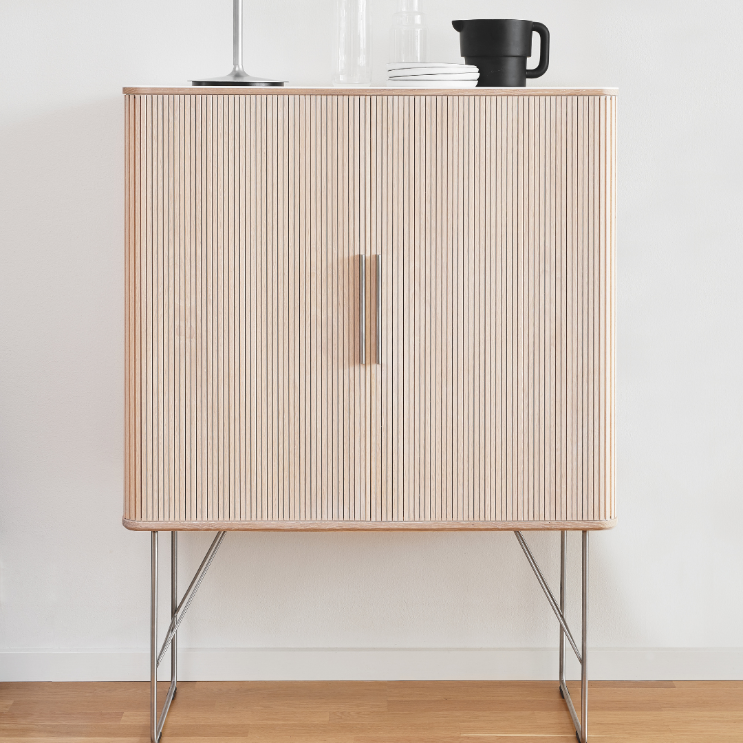 Nissen & Gehl : oakwood & Corian tambour door cabinet, Model AK2740