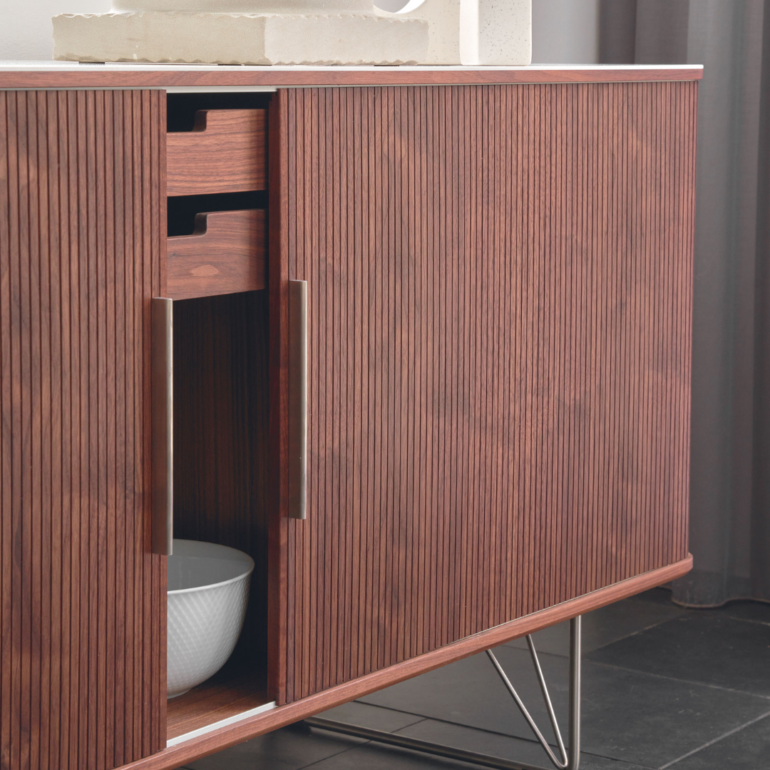 Nissen & Gehl : 71" tambour AK 2732 sideboard in walnut & Corian