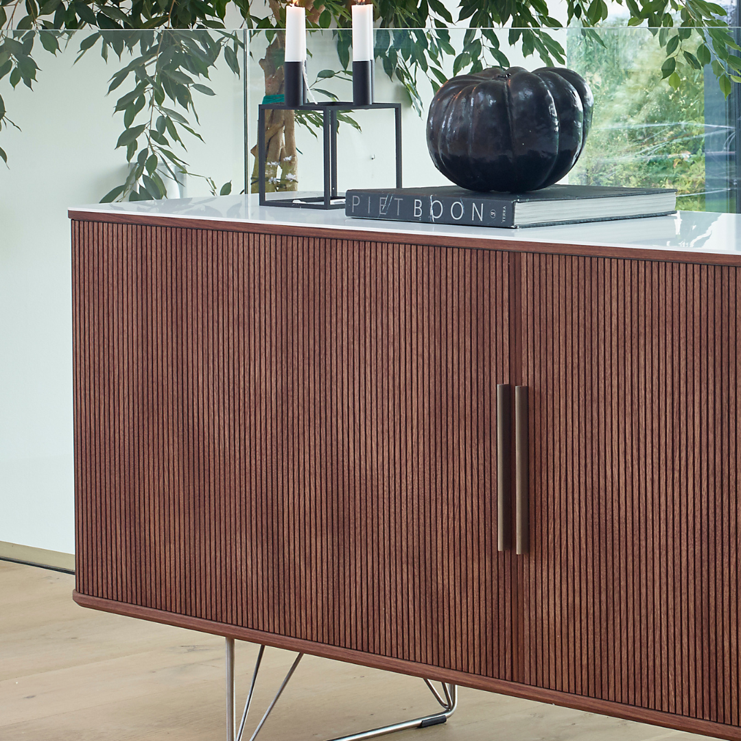 Nissen & Gehl : 71" tambour AK 2732 sideboard in walnut & Corian