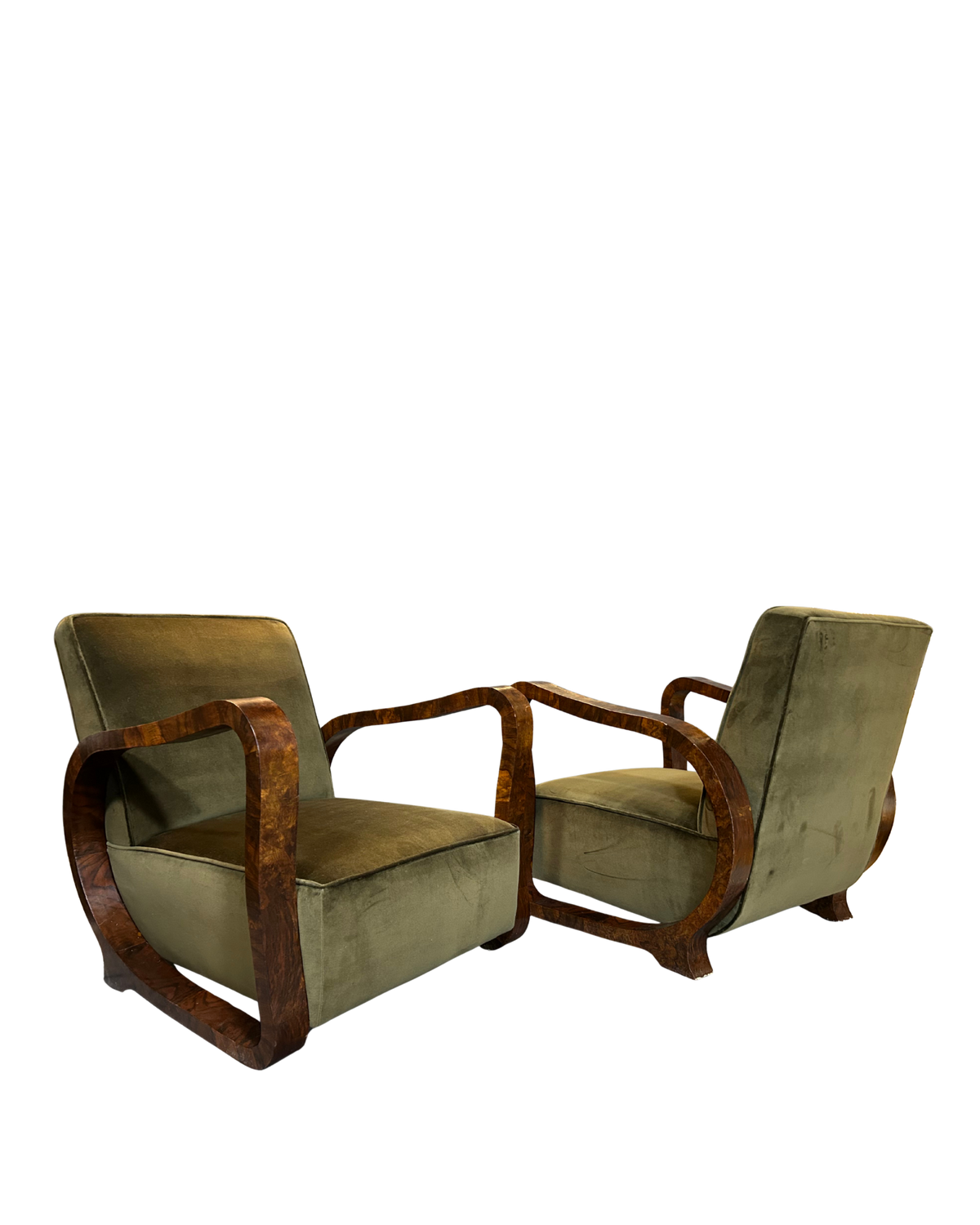 Pair 1930 Czech : burl walnut continuous arm club chairs, Prague