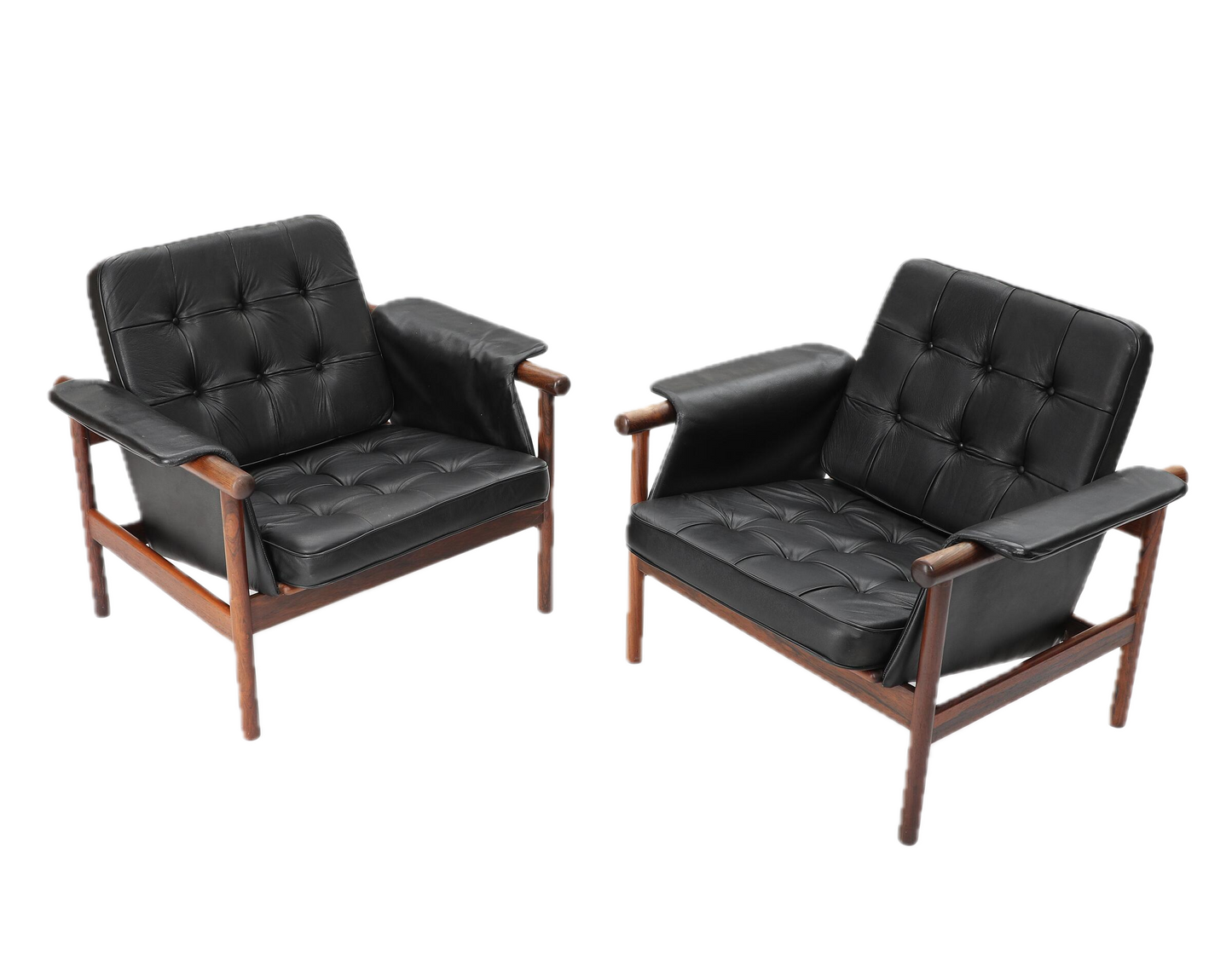 1960s Illum Wikkelsø : pair black buttoned leather "Wiki" lounge chair, Denmark