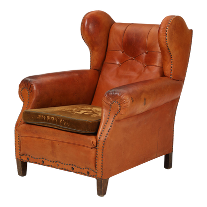 1950 Danish : cognac leather English style wingback clubchair
