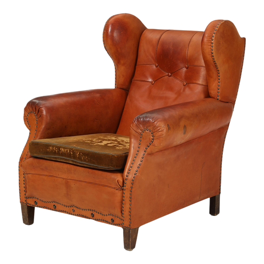 1950 Danish : cognac leather English style wingback clubchair