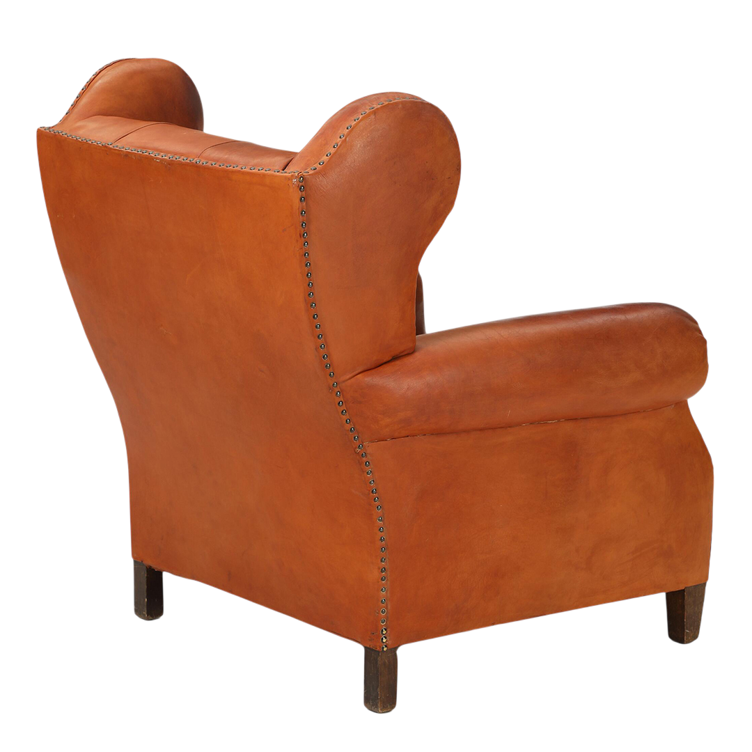 1950 Danish : cognac leather English style wingback clubchair