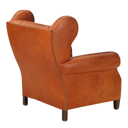 1950 Danish : cognac leather English style wingback clubchair