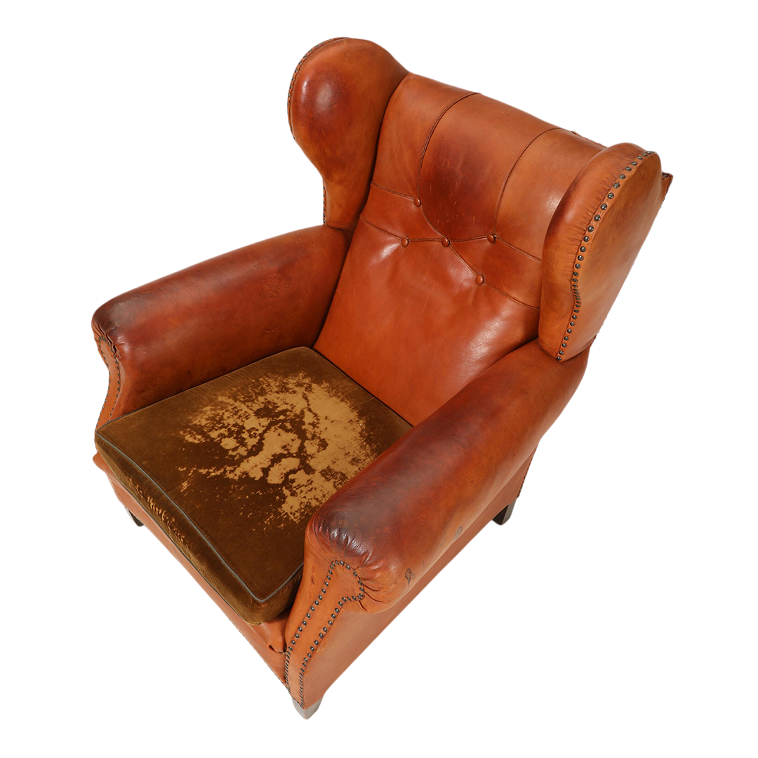 1950 Danish : cognac leather English style wingback clubchair