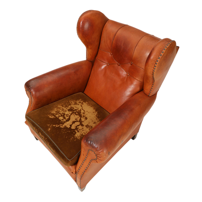 1950 Danish : cognac leather English style wingback clubchair