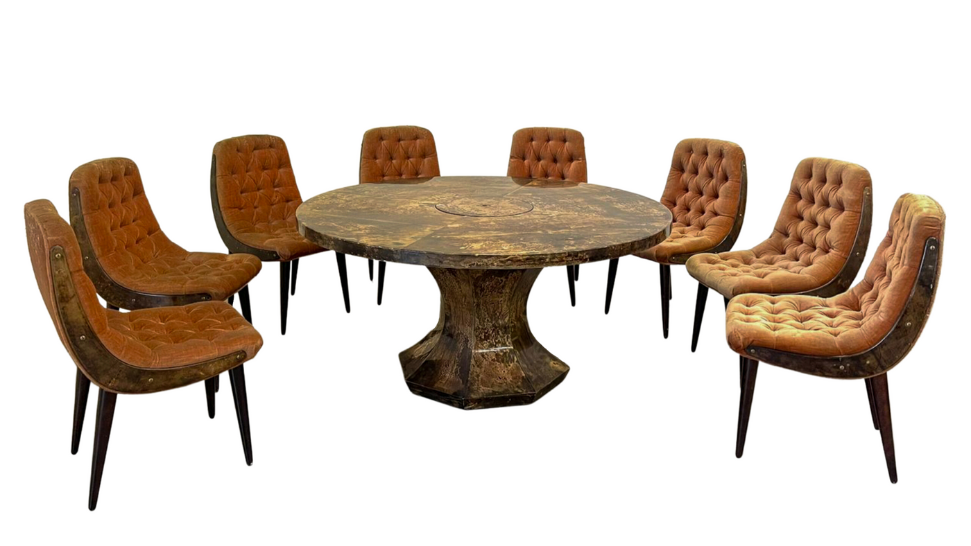 1950s Aldo Tura lacquered goatskin 59" table & chairs