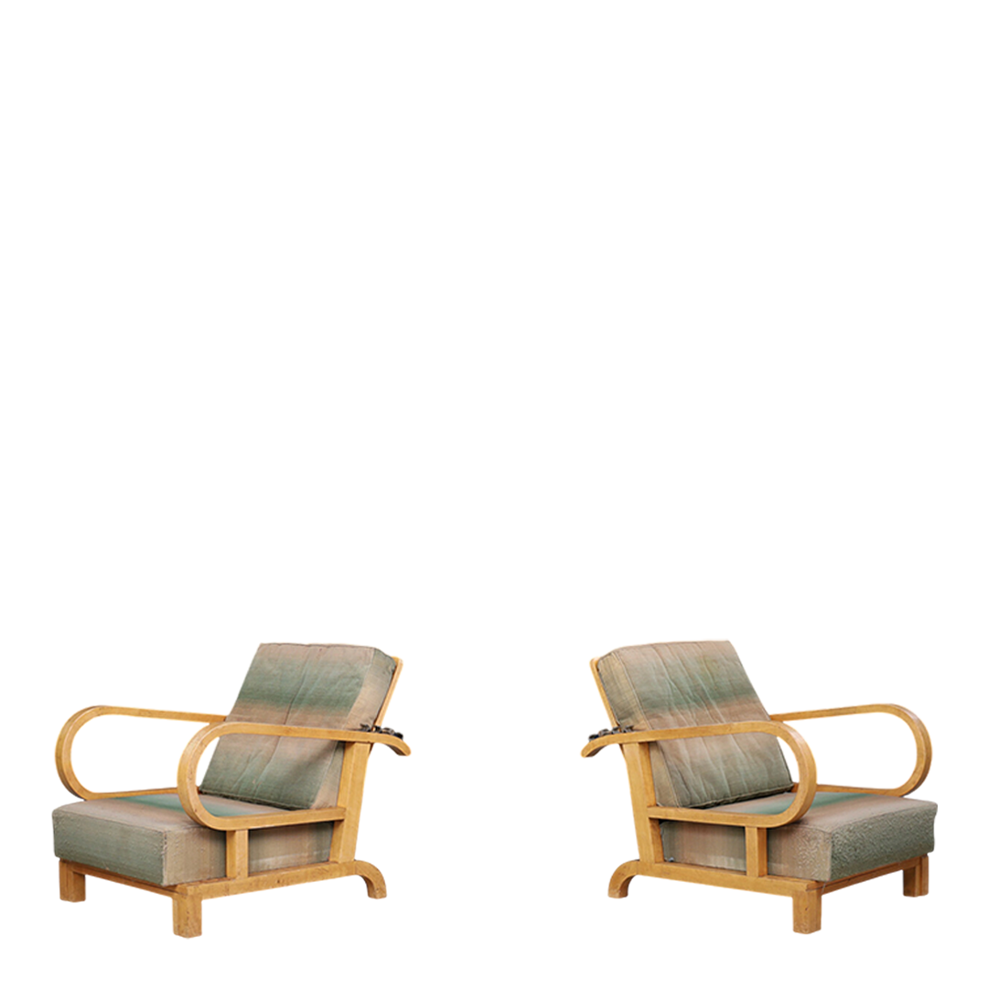 1930s Czech : pair of Art Deco reclining beechwood armchairs