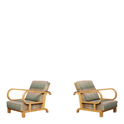 1930s Czech : pair of Art Deco reclining beechwood armchairs