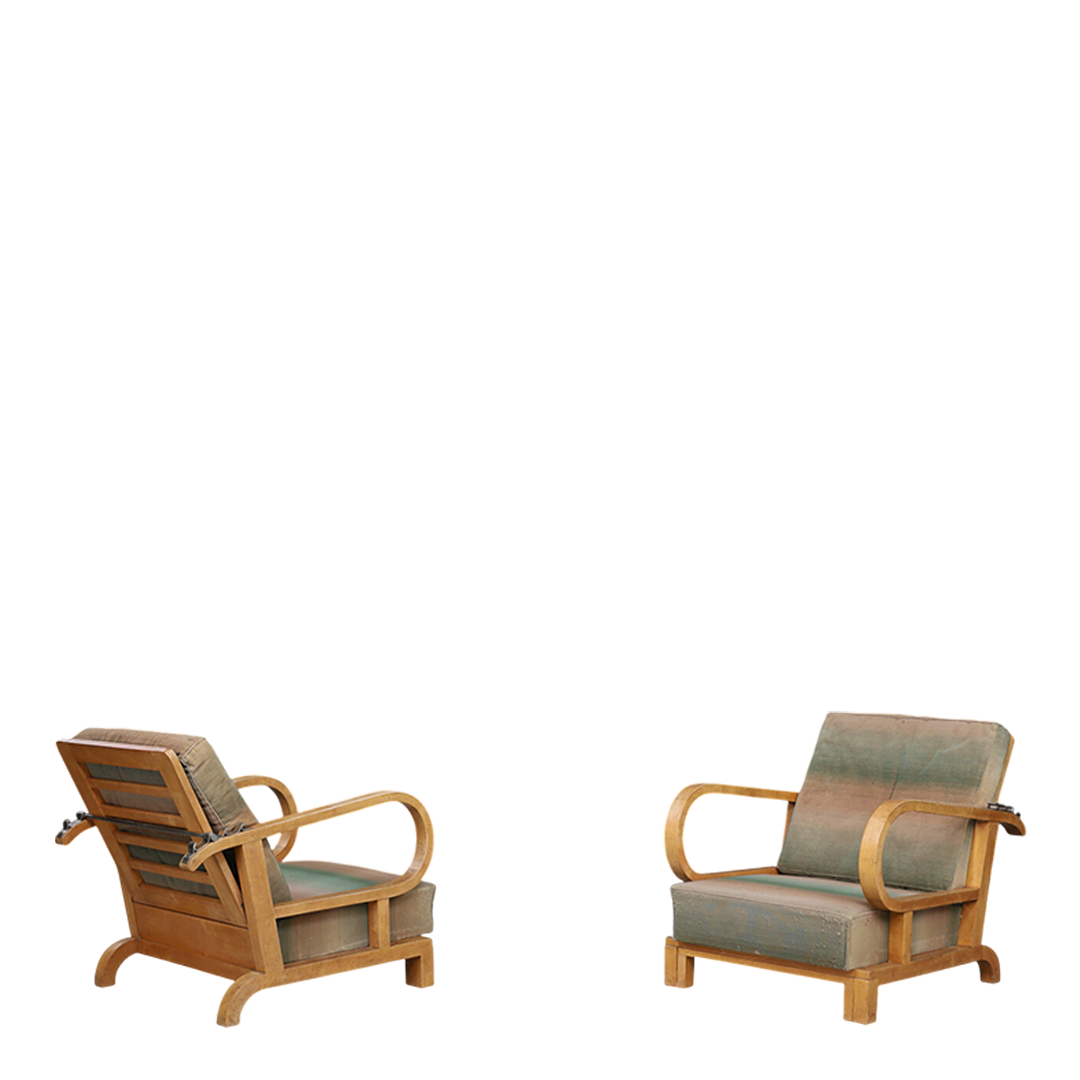 1930s Czech : pair of Art Deco reclining beechwood armchairs
