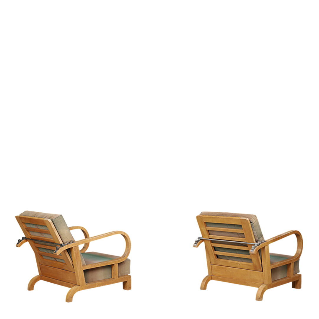 1930s Czech : pair of Art Deco reclining beechwood armchairs