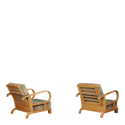 1930s Czech : pair of Art Deco reclining beechwood armchairs