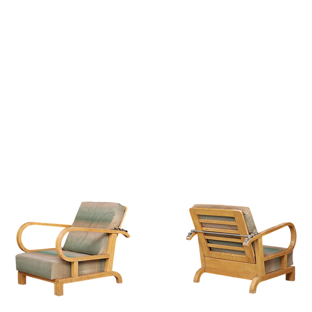1930s Czech : pair of Art Deco reclining beechwood armchairs