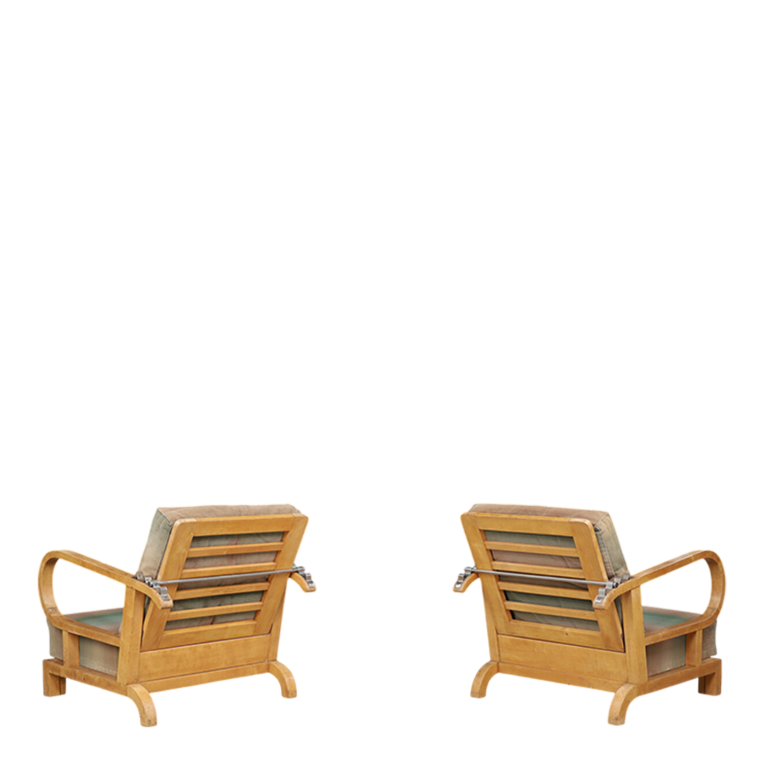 1930s Czech : pair of Art Deco reclining beechwood armchairs