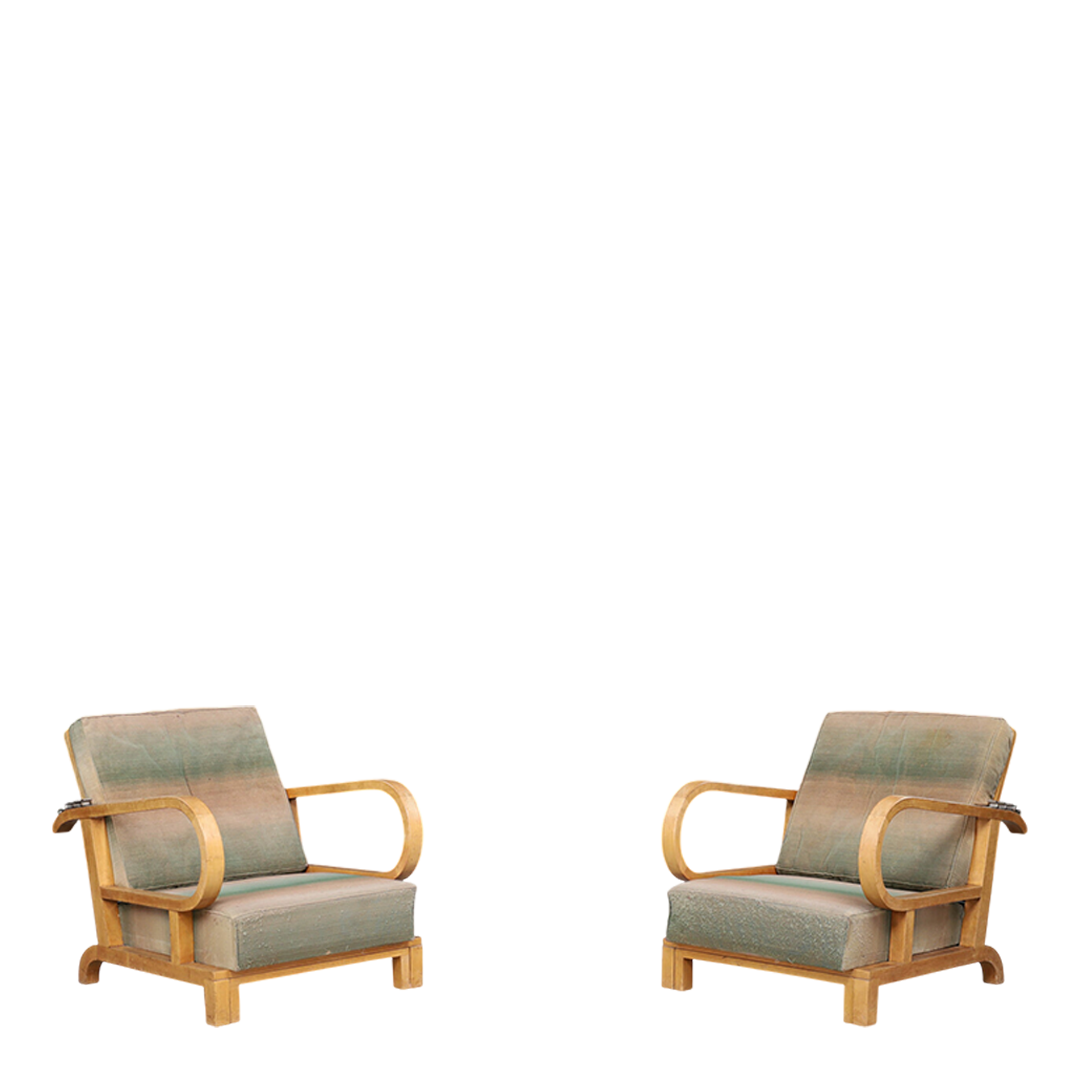 1930s Czech : pair of Art Deco reclining beechwood armchairs