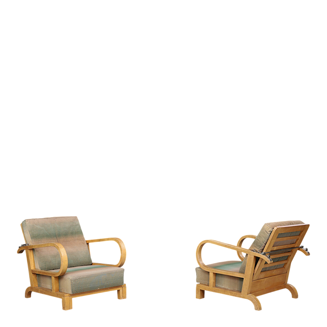 1930s Czech : pair of Art Deco reclining beechwood armchairs