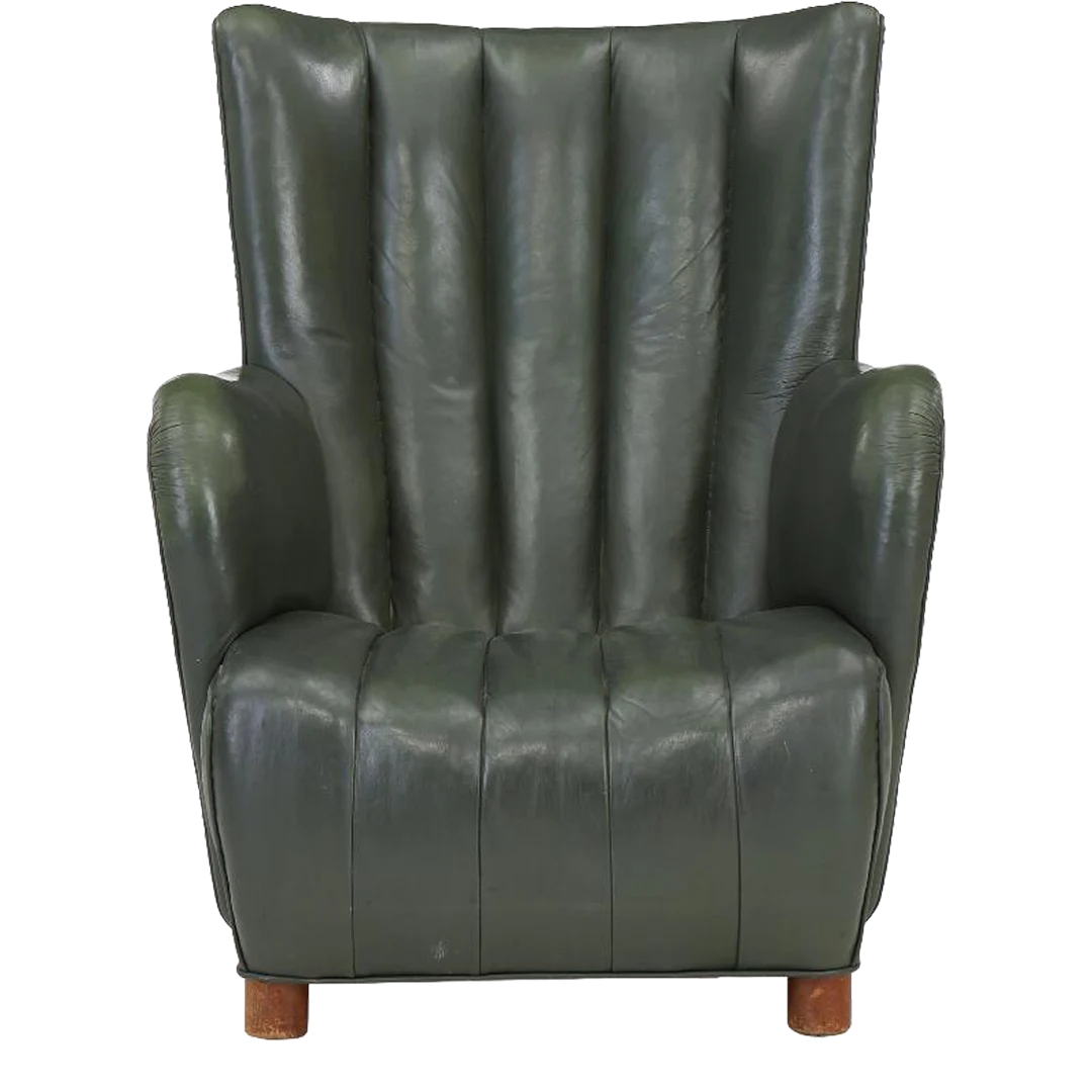 1930 Danish : all original green channeled leather easy chair