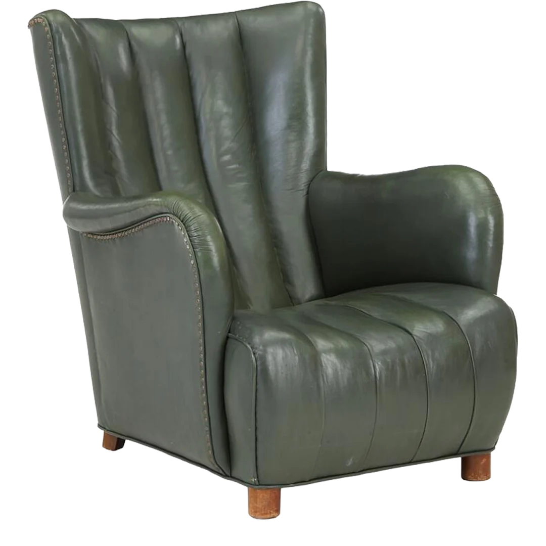 1930 Danish : all original green channeled leather easy chair