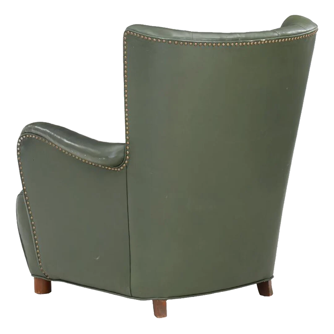 1930 Danish : all original green channeled leather easy chair
