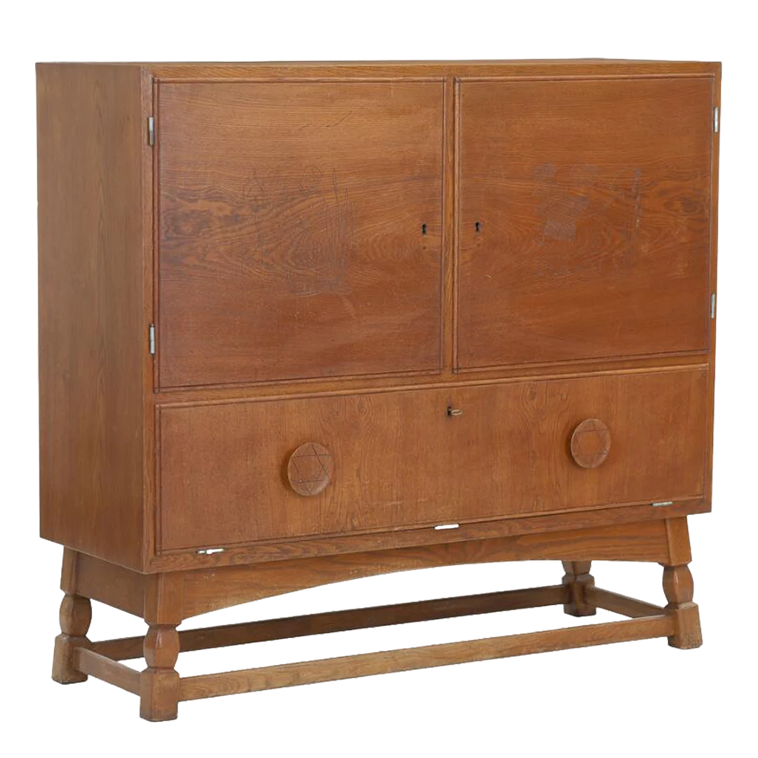 Late 1940s Danish : oakwood cabinet on stand w/ drop down compartment