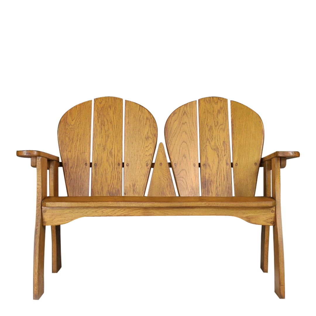 1960s Brutalist French : solid oakwood 2-seat bench