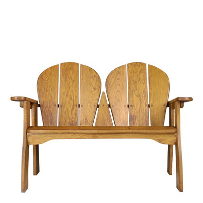 1960s Brutalist French : solid oakwood 2-seat bench