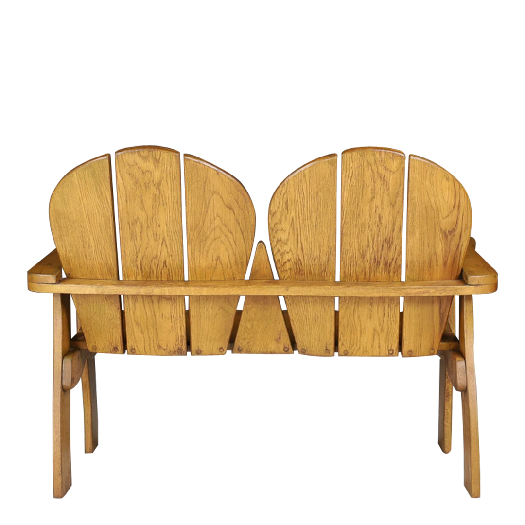 1960s Brutalist French : solid oakwood 2-seat bench