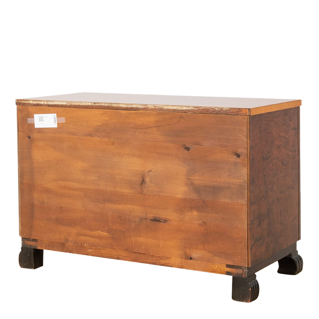 1930s Swedish Grace : burl birchwood 39" chest of drawers w/intarsia