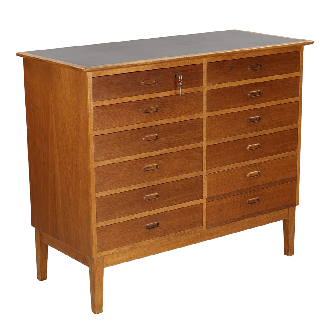 1960s Danish : oakwood twelve-drawer apothecary style chest
