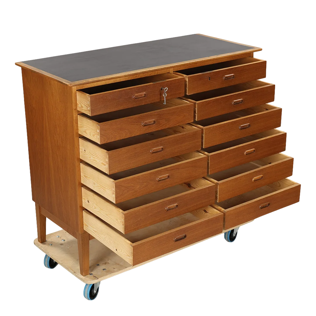 1960s Danish : oakwood twelve-drawer apothecary style chest