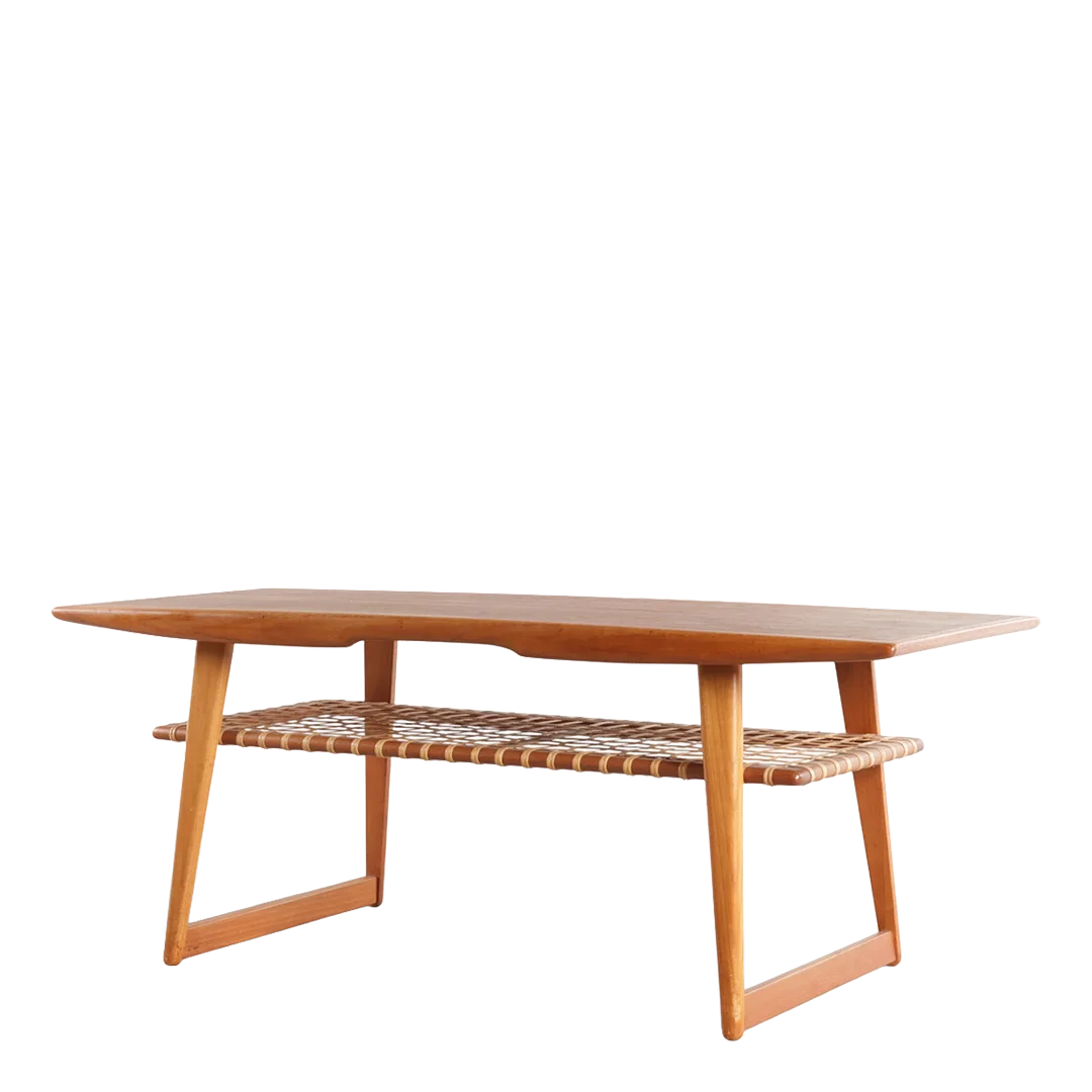 1960s Danish : classic rectangular teak coffee table w/woven cane shelf