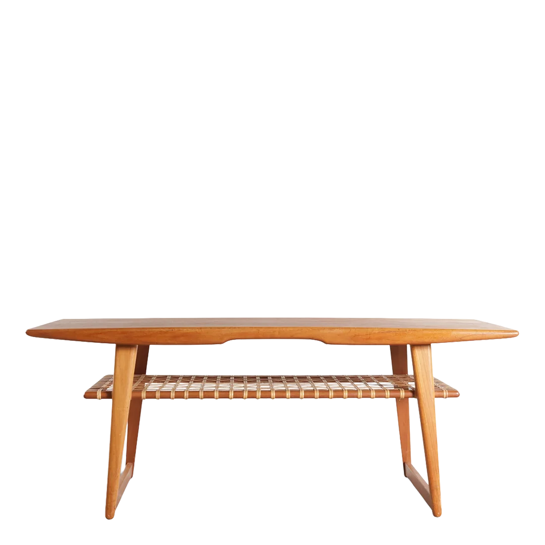 1960s Danish : classic rectangular teak coffee table w/woven cane shelf