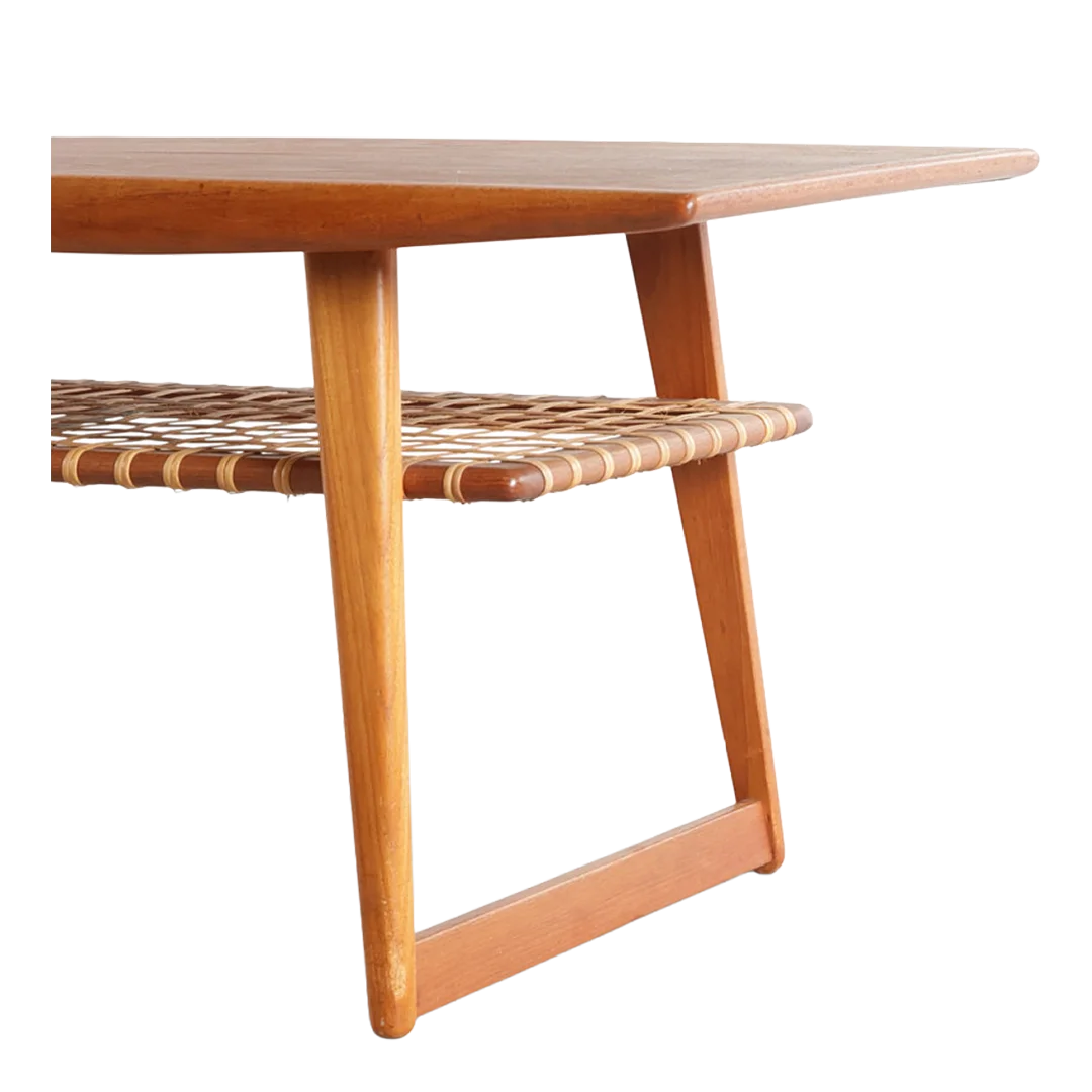 1960s Danish : classic rectangular teak coffee table w/woven cane shelf