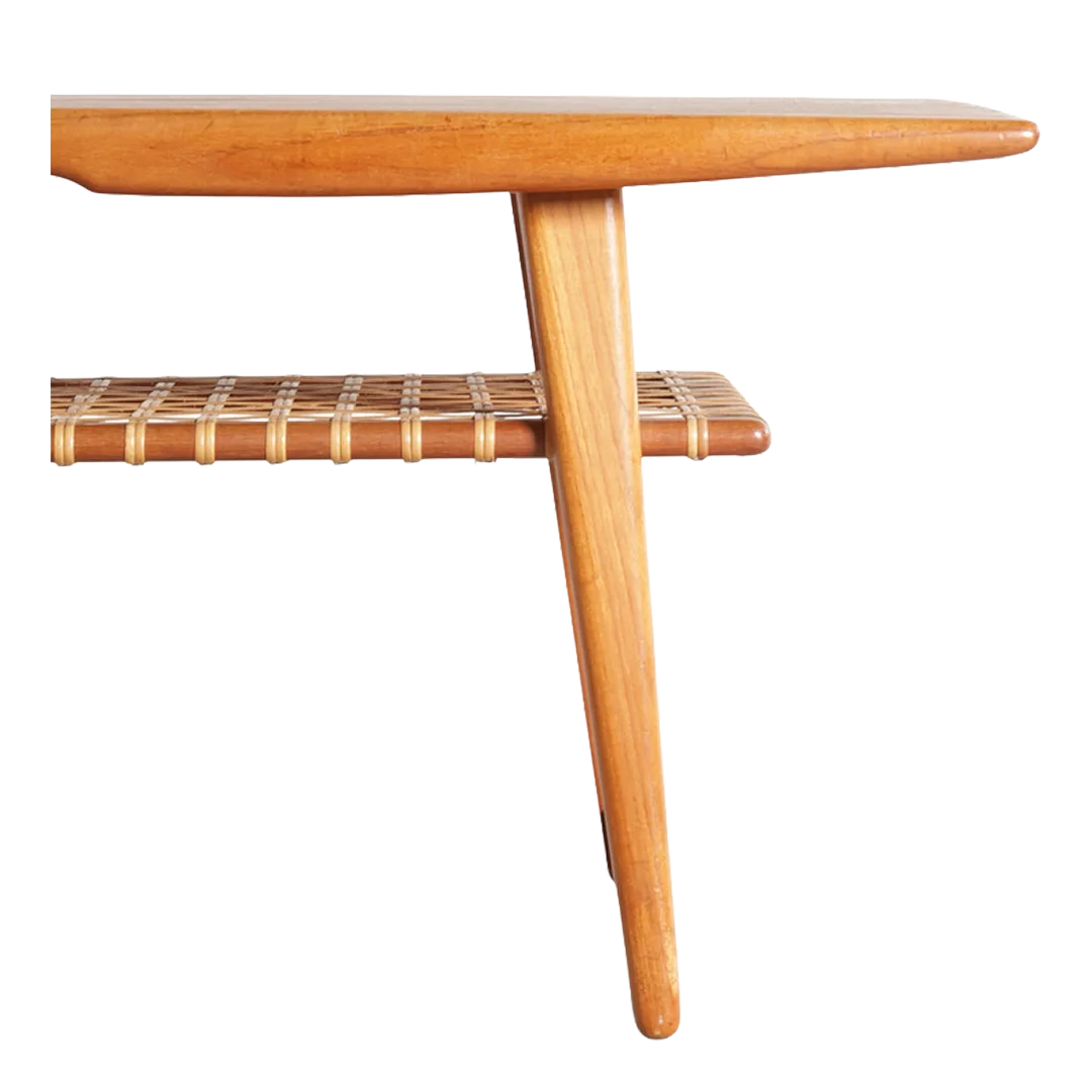 1960s Danish : classic rectangular teak coffee table w/woven cane shelf