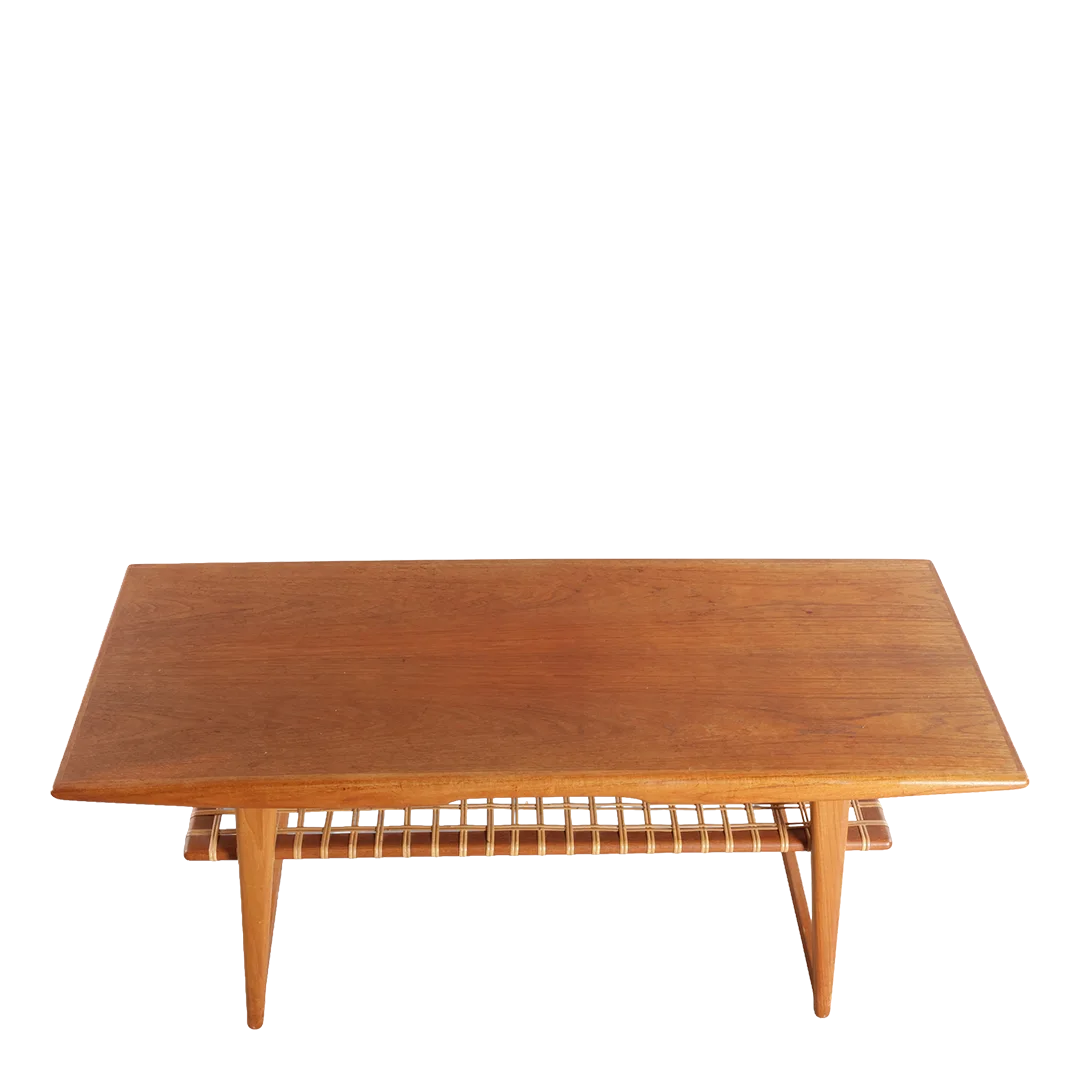 1960s Danish : classic rectangular teak coffee table w/woven cane shelf